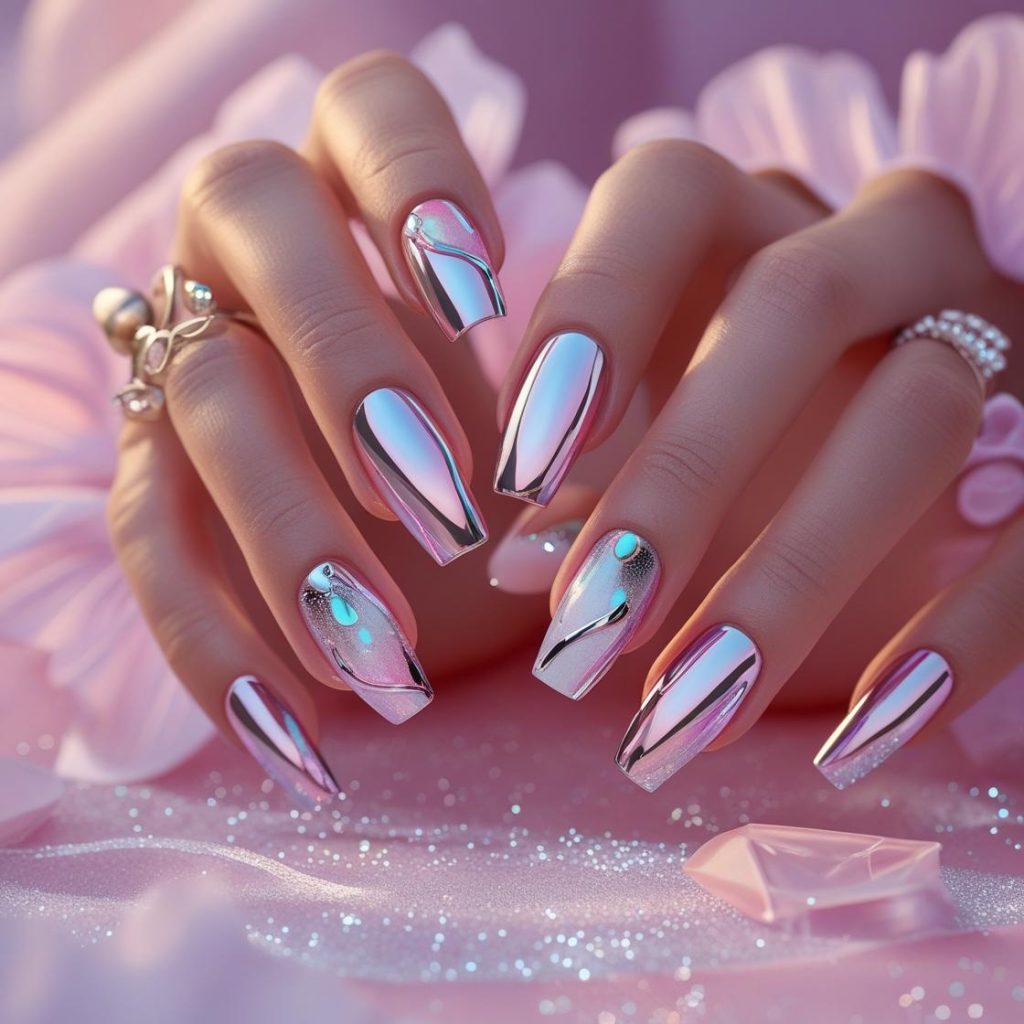 2025 nail art trends with chrome, minimalist, aura, and 3D designs for Pinterest