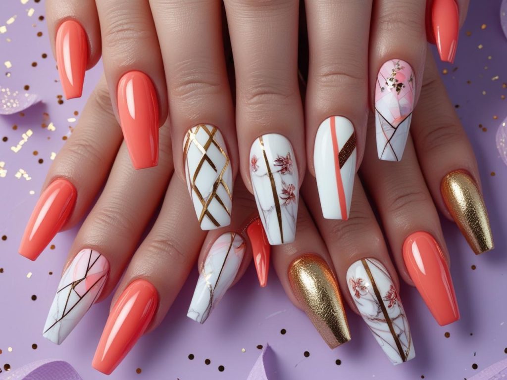 2025 nail art inspiration with geometric patterns, florals, marble effects, and metallic lines for Pinterest