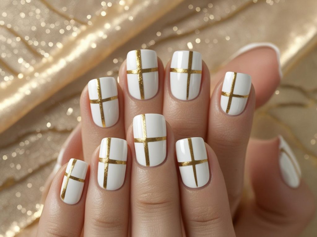Metallic line nail design with gold lines for 2025 nail art inspiration