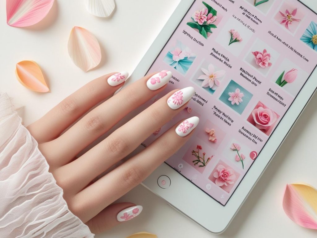 2025 spring nails on a Pinterest board, featuring pastel floral designs
