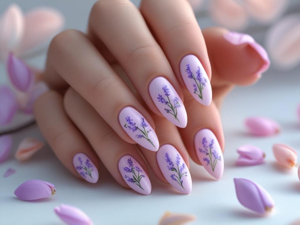 Pastel floral nail design with lavender flowers for 2025 spring nails