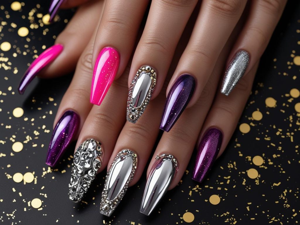 2025 acrylic nails with chrome finishes, 3D embellishments, coffin shapes, and gradient glitter for Pinterest inspiration