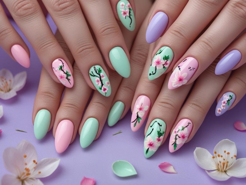 2025 spring nails with pastel florals, butterflies, mint swirls, and cherry blossoms for Pinterest inspiration