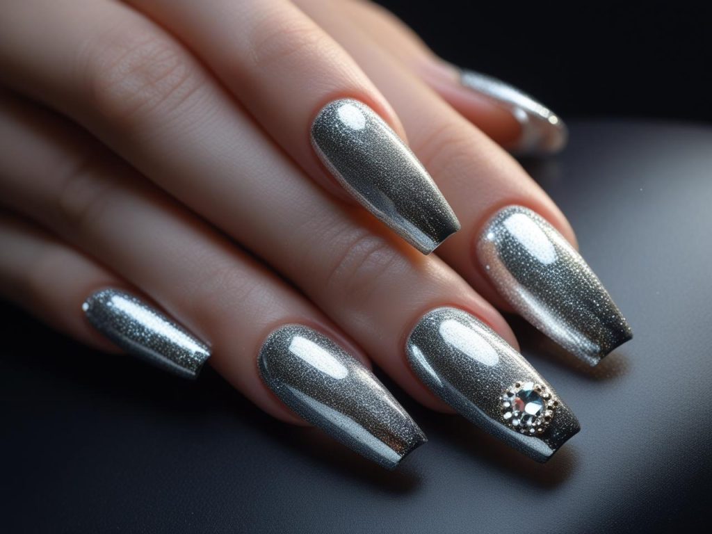 Silver chrome nail art for a futuristic olute 2025 manicure