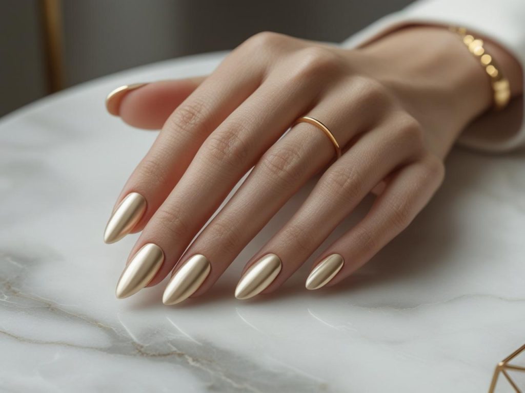 Minimalist nail art with nude polish and gold line for 2025