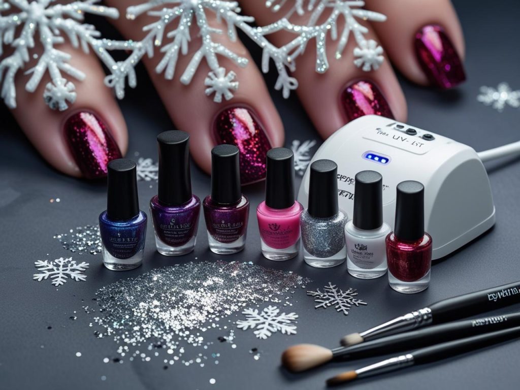 Nail art kit with polish, UV lamp, and glitter for 2025 winter nails