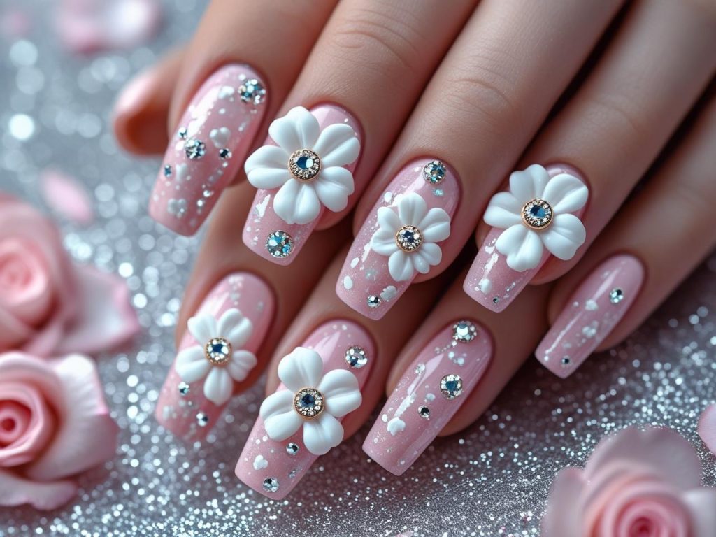 3D floral nail art with rhinestones for a 2025 statement manicure.
