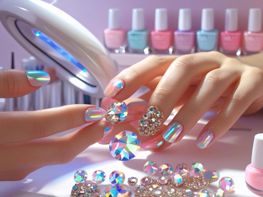 Salon applying 3D rhinestone nail art for 2025 trends