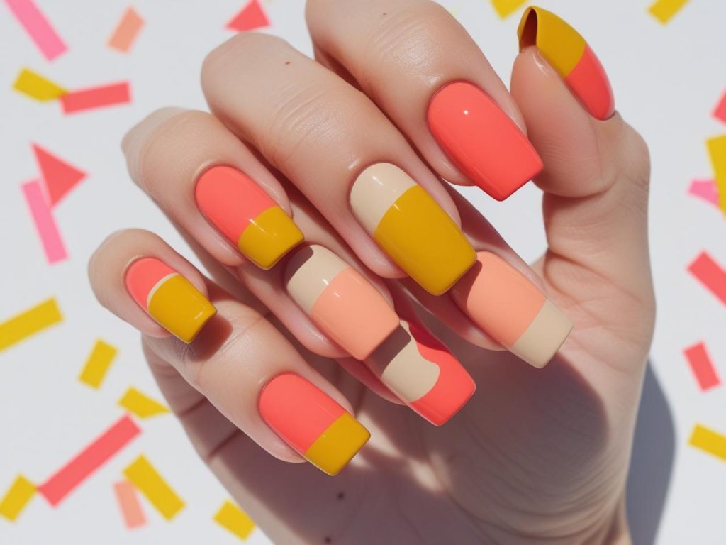 Short Nail Designs 2025: Chic Ideas for Your Minimalist Manicure 6 Bold color block short nail design with coral and yellow for 2025