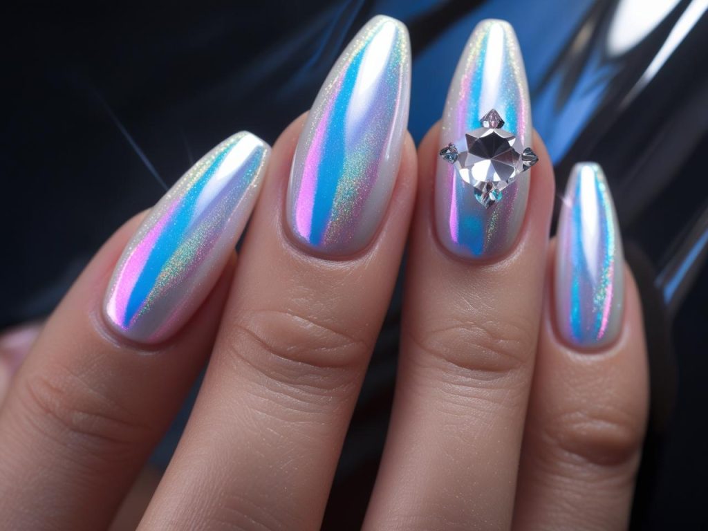 Holographic nail idea with iridescent polish for a 2025 manicure