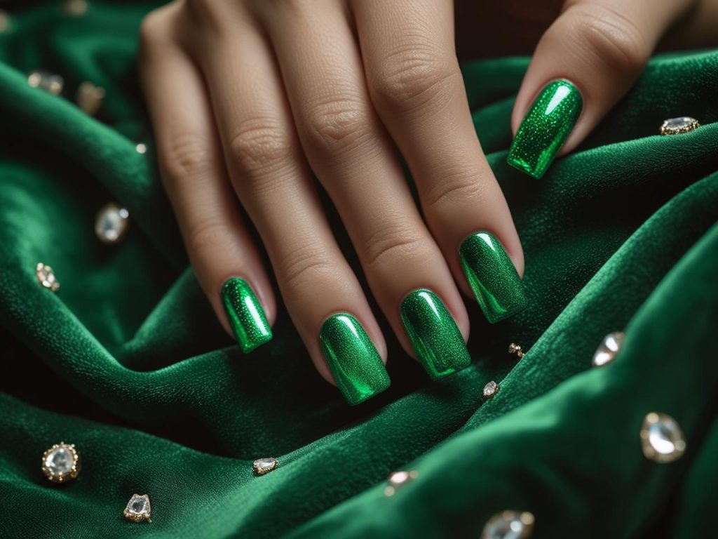 Gemstone effect gel nail design in emerald green for 2025