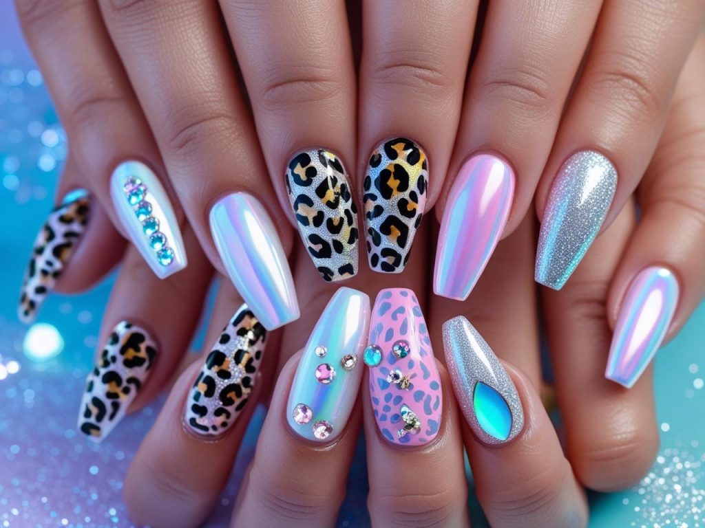 2025 nail ideas with holographic, animal print, pastel swirls, and gem designs for Pinterest inspiration