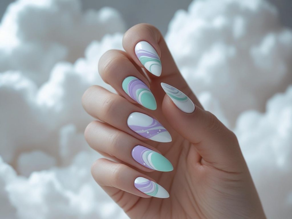 Pastel swirl nail idea with lavender and mint for 2025 trends
