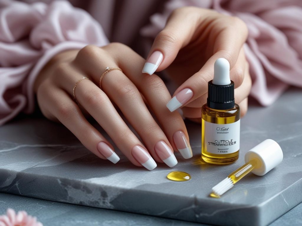 Applying cuticle oil for healthy French tip nails in 2025