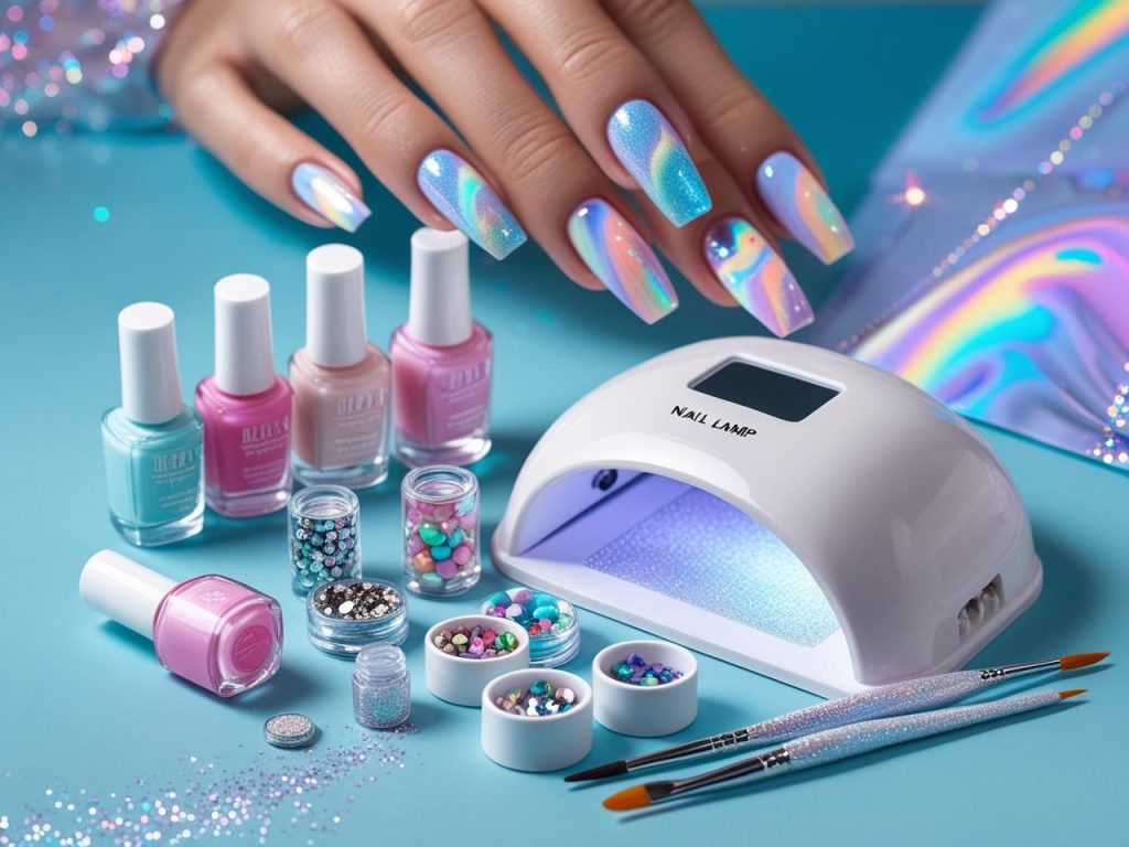 Nail art kit with polish, UV lamp, and rhinestones for 2025 nail ideas