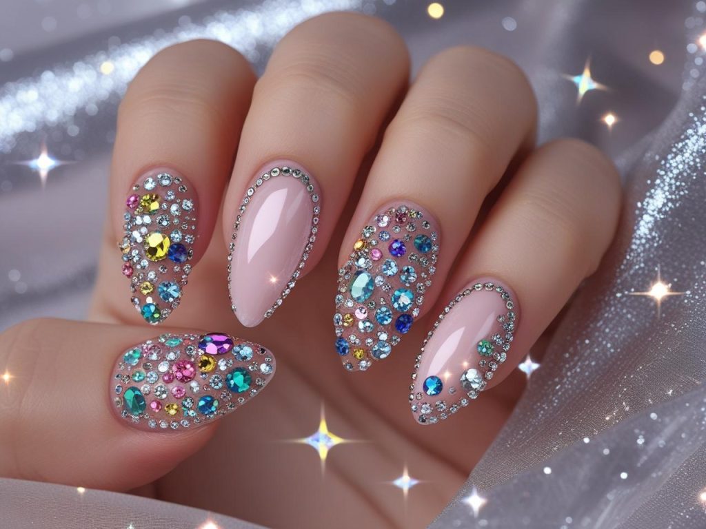 Gem-accented nail idea with rhinestones for a 2025 sparkly manicure
