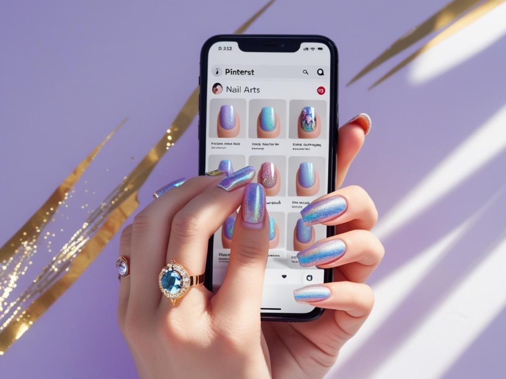 2025 nail ideas on a Pinterest board, featuring holographic nail design