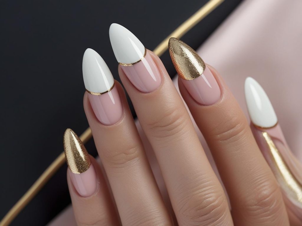 Double French tip nail design with white and gold for 2025