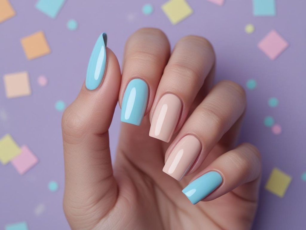 Colored French tip nail design with pastel blue tips for 2025