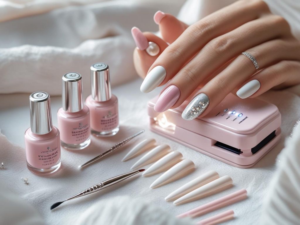 French tip nail kit with polish, UV lamp, and tip guides for 2025 French tip nails