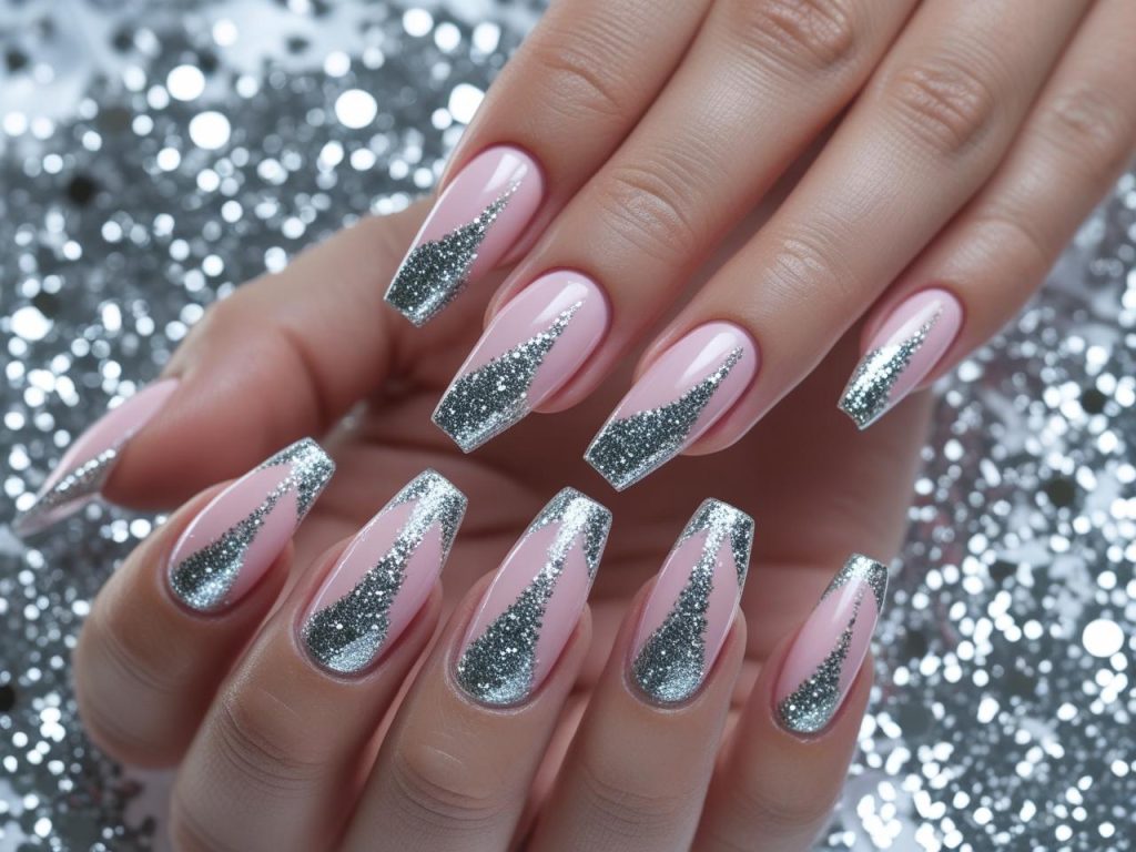 Glitter French tip nail design with silver sparkle for 2025