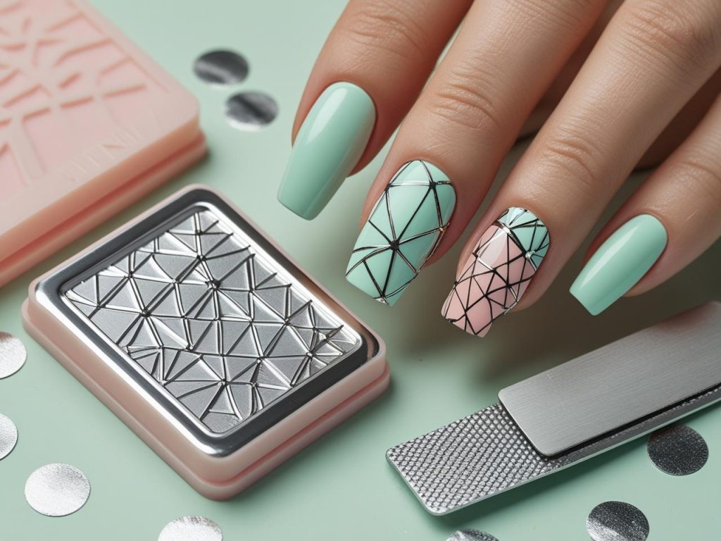 Nail stamping kit with geometric nail idea for beginners in 2025