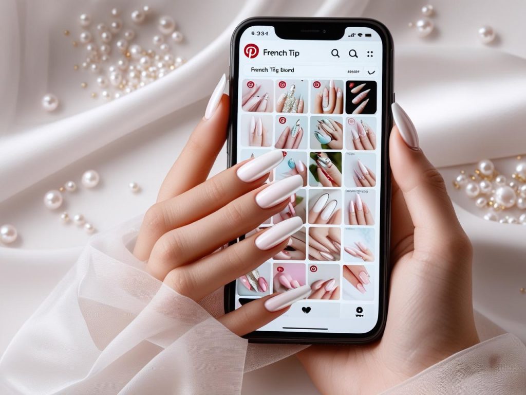 2025 French tip nails on a Pinterest board, featuring classic white tip designs