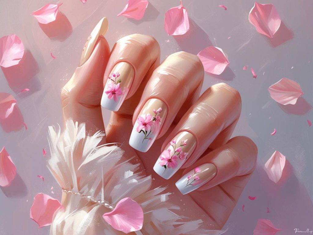 Floral French tip nail design with pink flowers for 2025