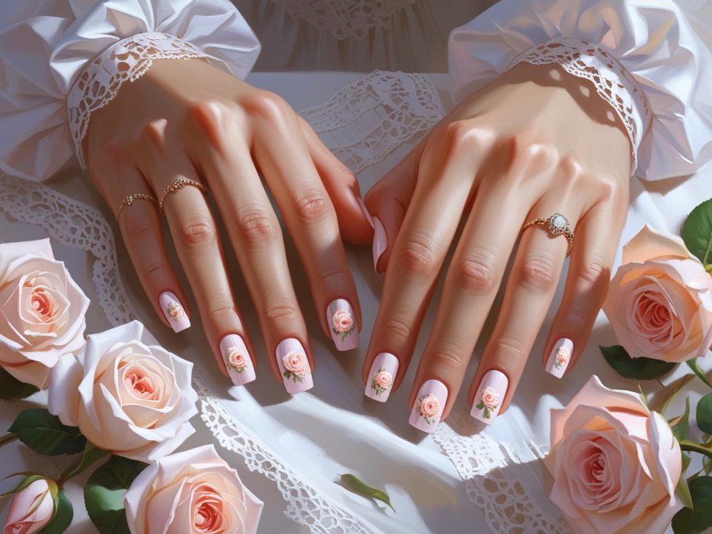 Floral nail design with white roses for 2025 nail art inspiration