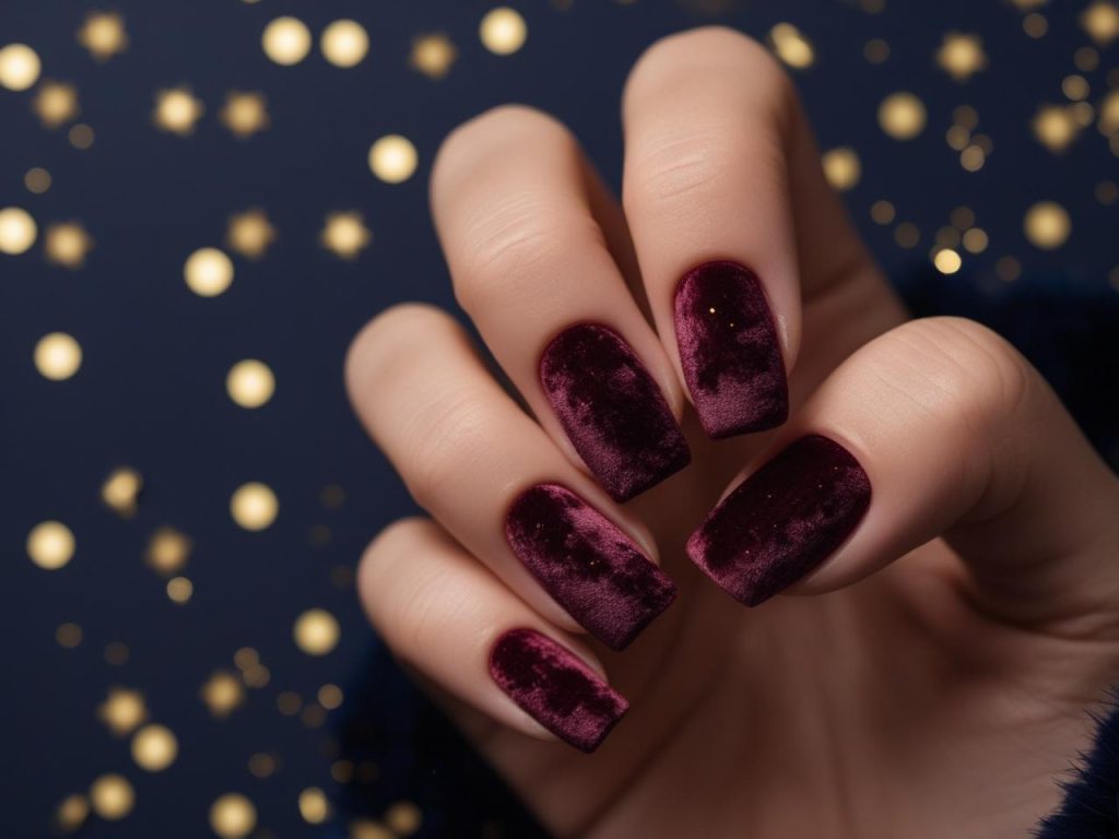 Velvet texture nail design with burgundy effect for 2025 winter nails