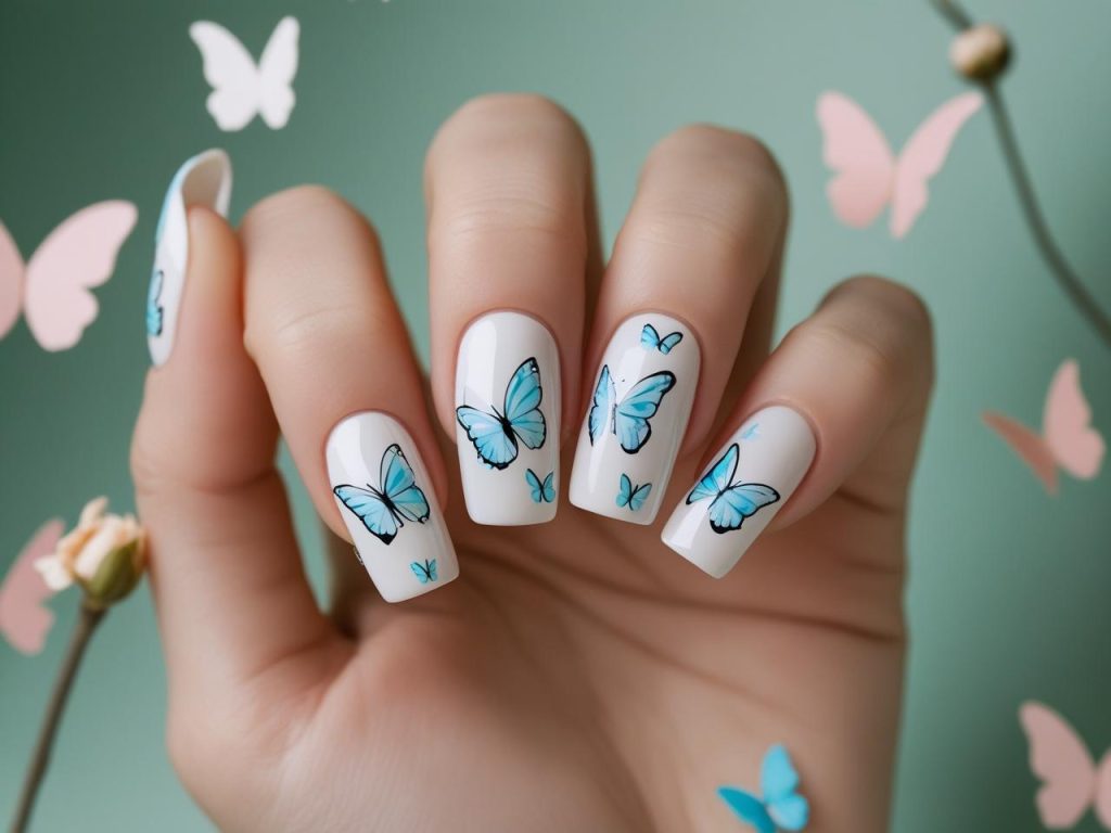 Butterfly nail design with pastel blue butterflies for 2025 spring nails