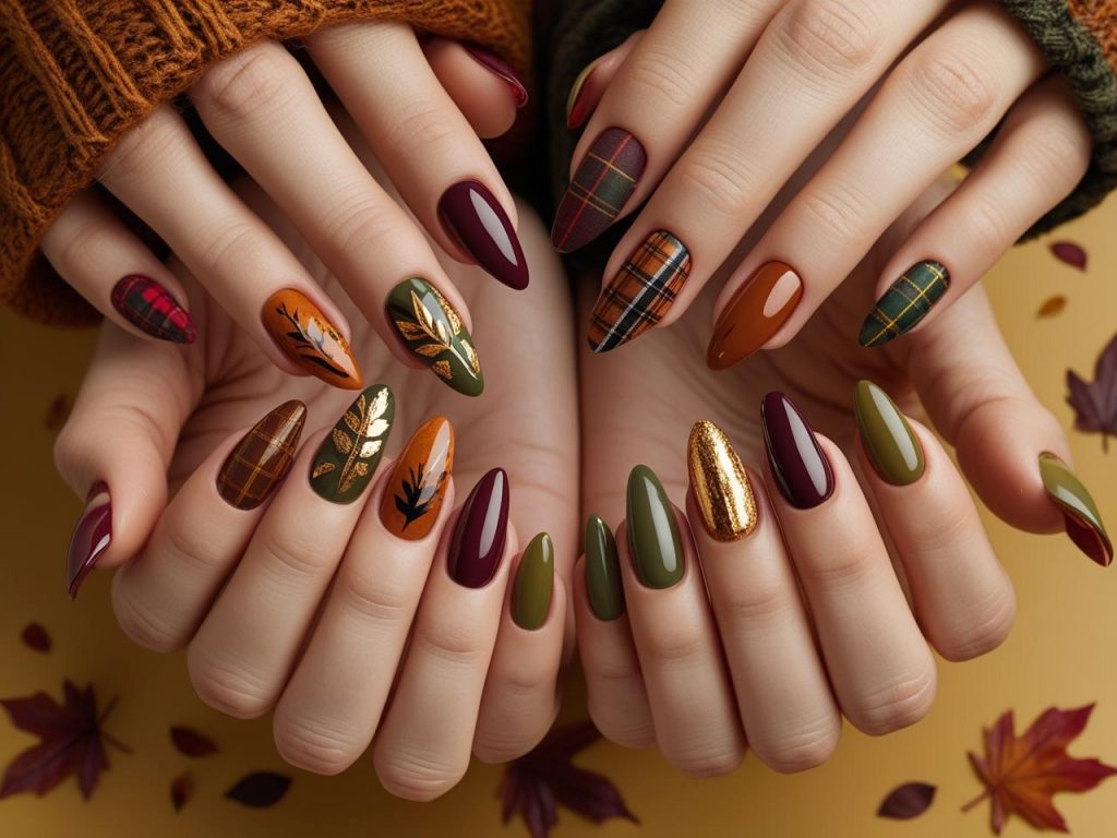 2025 fall nails with autumn leaves, burnt orange ombres, plaid accents, and gold foil for Pinterest inspiration