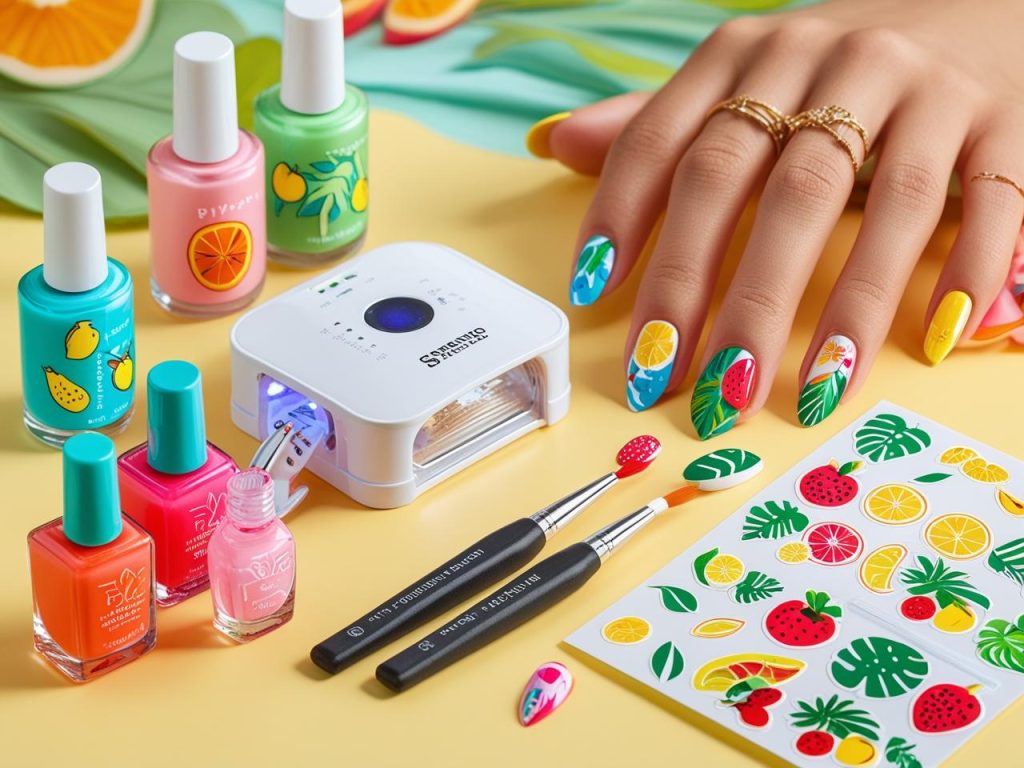 Nail art kit with polish, UV lamp, and stickers for 2025 summer nails