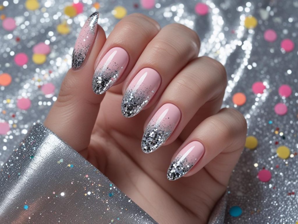 Glitter nail design with silver gradient for a 2025 sparkly manicure