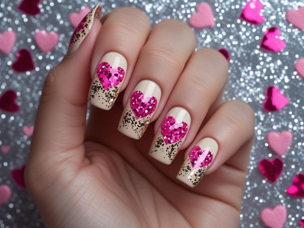 Glitter heart nail design with pink hearts for a cute 2025 manicure
