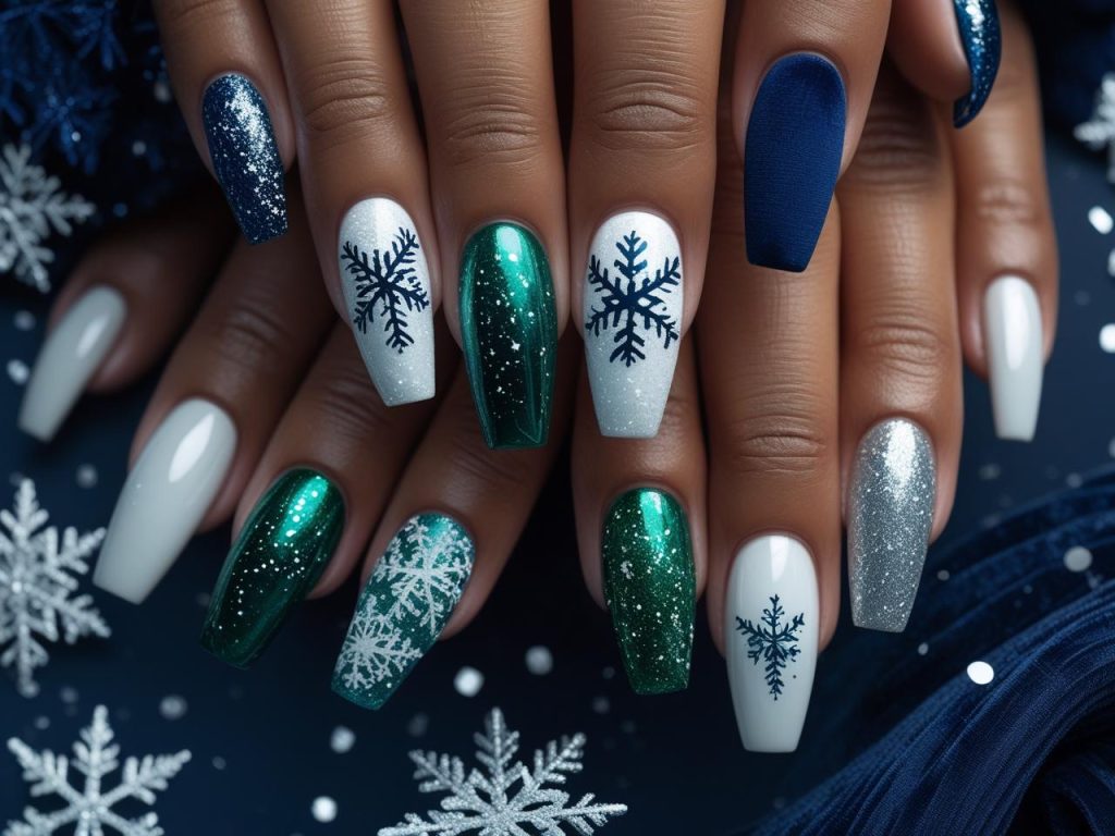 2025 winter nails with snowflakes, jewel tones, glitter frost, and velvet textures for Pinterest inspiration