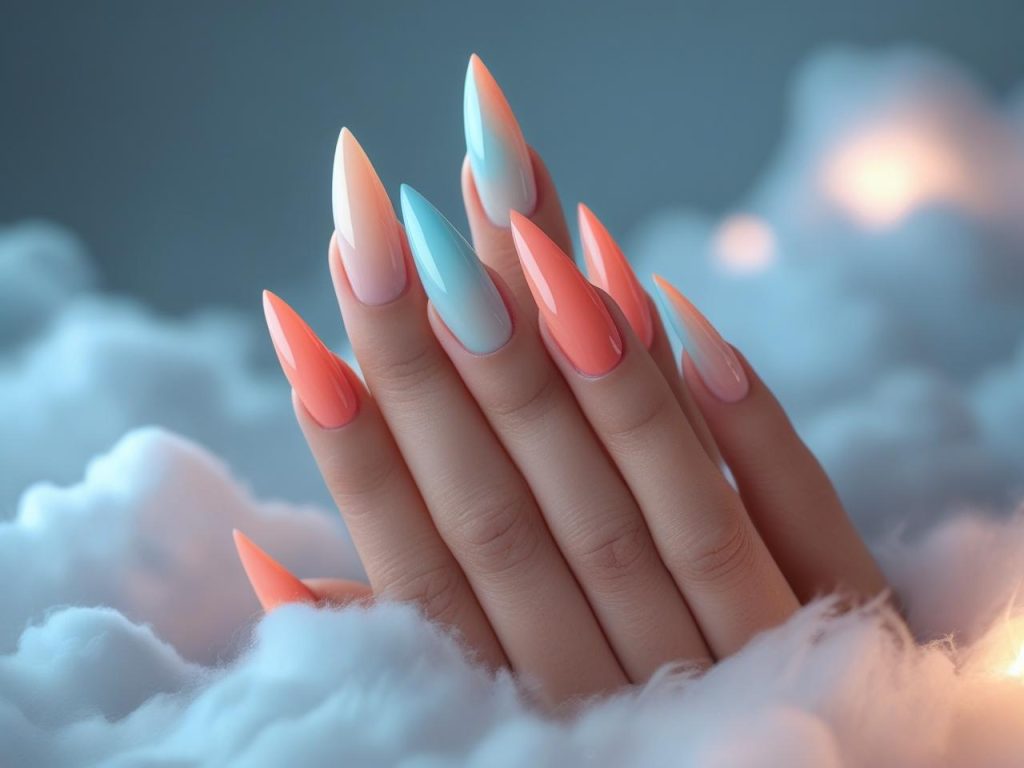 Ombre nail design with pastel blue and coral for 2025 trends