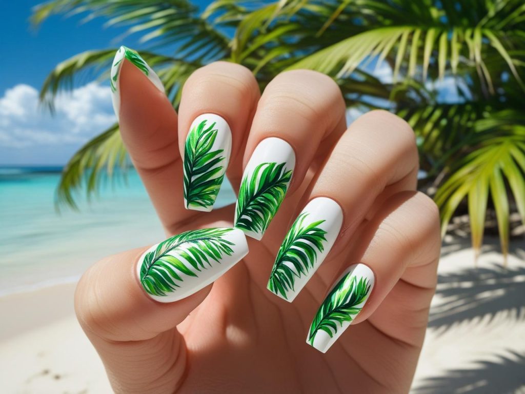 Tropical palm leaf nail design for 2025 summer nails