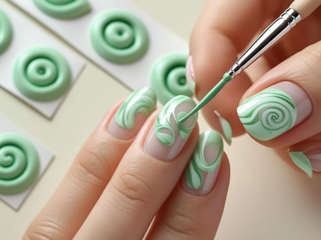 Creating mint swirl nails for 2025 spring nail inspiration