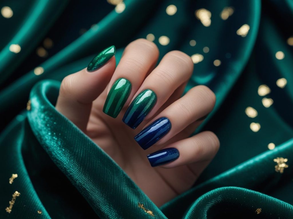 Jewel tone ombre nail design with green and blue for 2025 winter nails