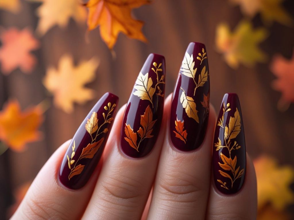 Autumn leaf nail design with gold and rust leaves for 2025 fall nails