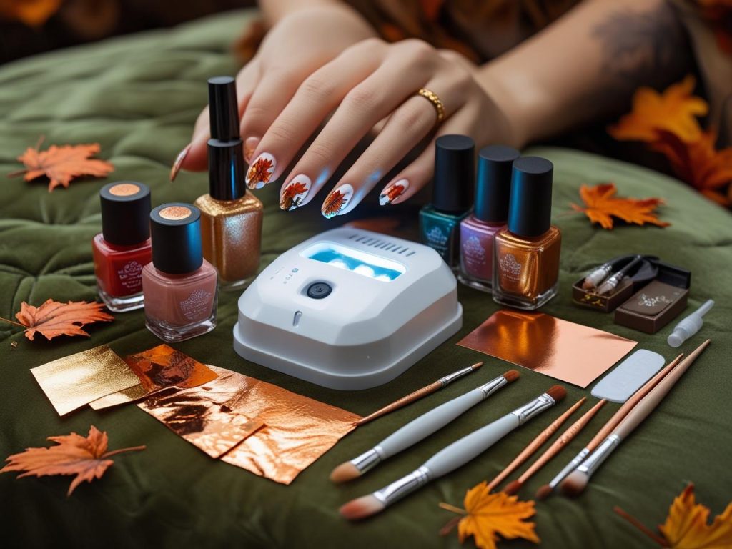 Nail art kit with polish, UV lamp, and foils for 2025 fall nails