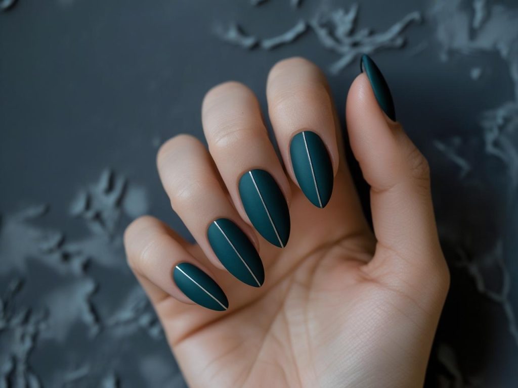Matte acrylic nail design in deep teal for 2025