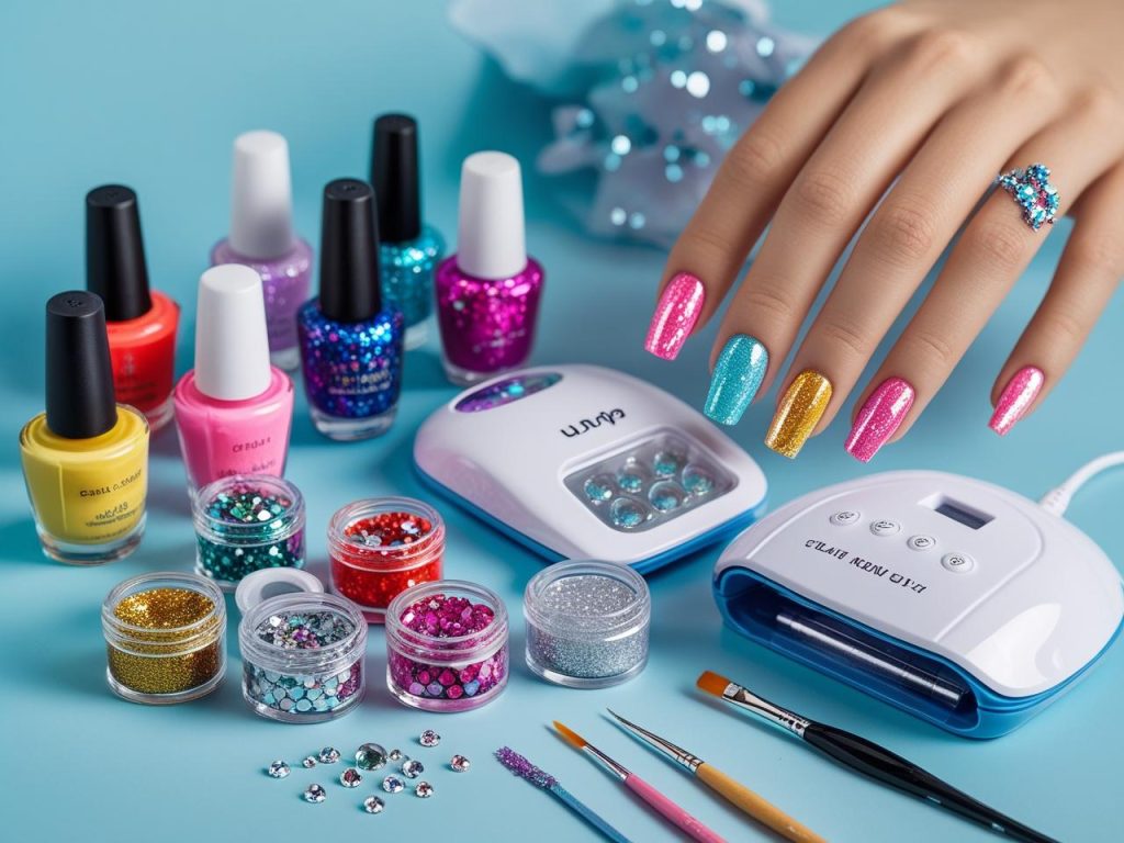 Complete nail art kit with polish, UV lamp, and rhinestones for 2025 trends