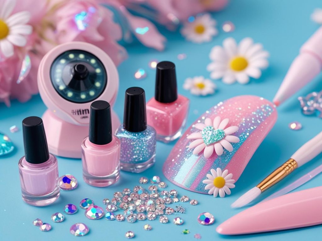 Nail art kit with polish, UV lamp, and rhinestones for 2025 cute nail designs