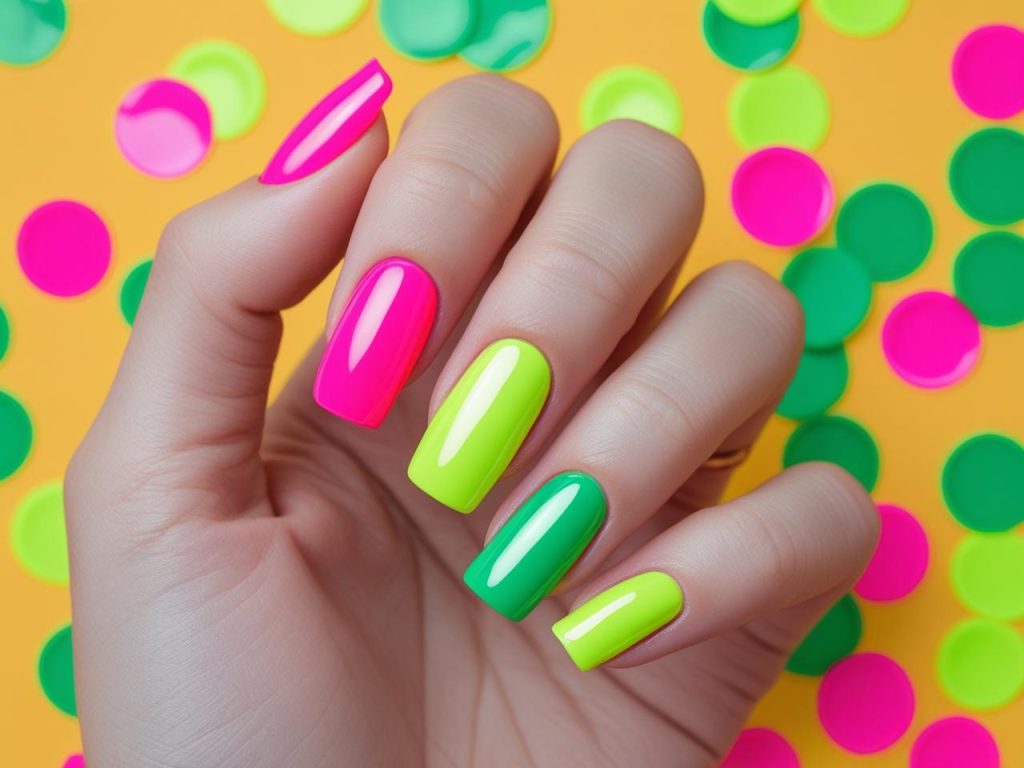 Neon gradient nail design with pink and green for 2025 summer nails
