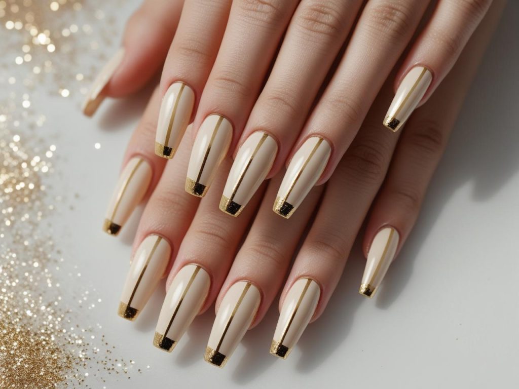 Metallic accent nail design with gold stripes for 2025 winter nails
