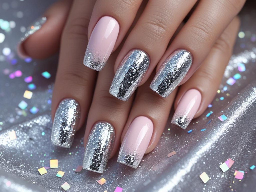 Glitter ombre nail design with silver sparkle for 2025