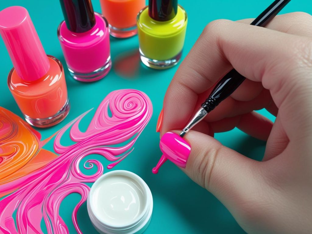 Creating abstract nail art with neon swirls for 2025 trends.
