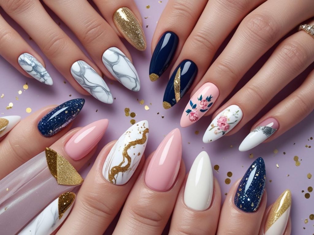 2025 nail designs with marble, floral, geometric, and glitter styles for Pinterest 
